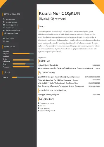 Biyoloji Öğretmeni CV Örnekleri cv indir